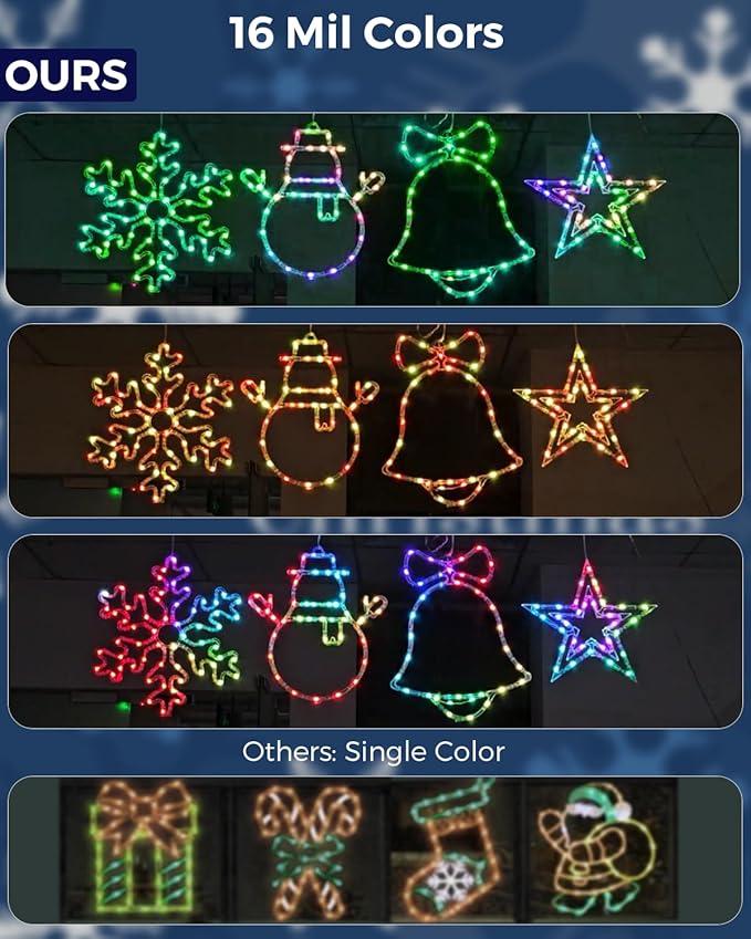 15'' Smart Christmas Window Lights 4 Pack, Color Changing Window Silhouette Lights, Timer, App Control, Music Sync, Bells, Snowflake, Star, Lighted Christmas Decorations for Indoor Outdoor