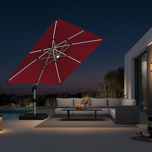 PURPLE LEAF 10 Feet Patio Umbrella with Lights Outdoor Square Cantilever Umbrella Solar Powered LED with 360-degree Rotation for Garden Deck Pool Patio, Terra