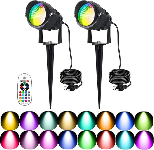 Spotlights Outdoor LED Spot Lights for Yard, 12W RGB Color Changing Landscape Lighting 120V Waterproof Spotlight with Plug & Remote for House Garden Path Tree Patio Lawn Decoration （2 Pack