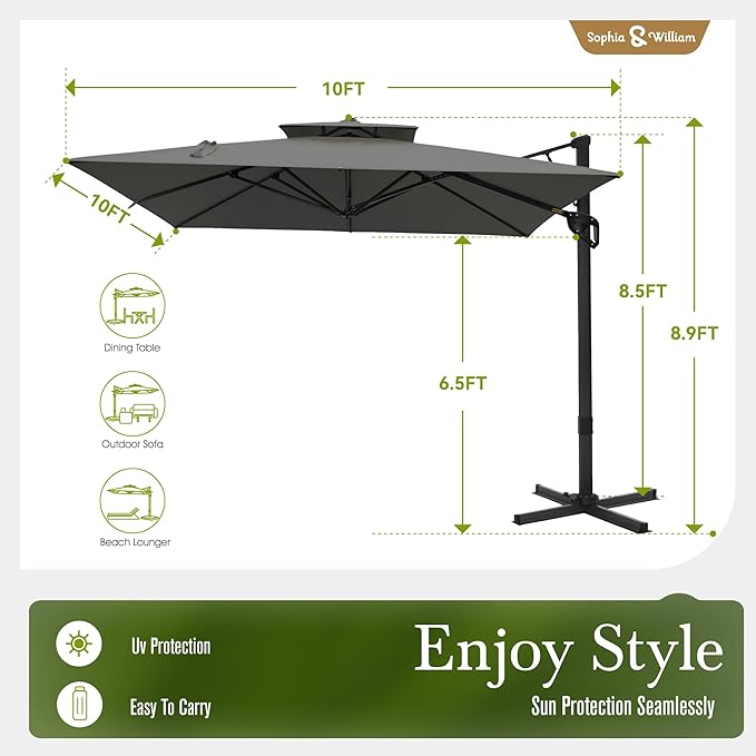 Sophia & William Cantilever Patio Umbrella 10ft, Offset Large Square Outdoor Umbrellas with 360-degree Rotation, Heavy Duty Windproof for Garden Pool Backyard, Grey (no base)