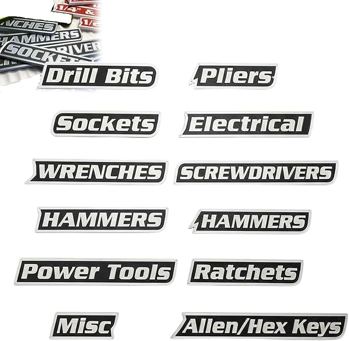 12 Pack of Magnetic Toolbox Labels, 3D-Printed Tool Box Labels, General Tool Box Organize Accessories, Reusable Tags for Steel Toolboxes, Carts, Drawers, and Cabinets (Black)