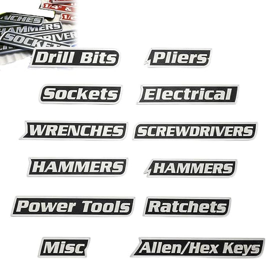 12 Pack of Magnetic Toolbox Labels, 3D-Printed Tool Box Labels, General Tool Box Organize Accessories, Reusable Tags for Steel Toolboxes, Carts, Drawers, and Cabinets (Black)