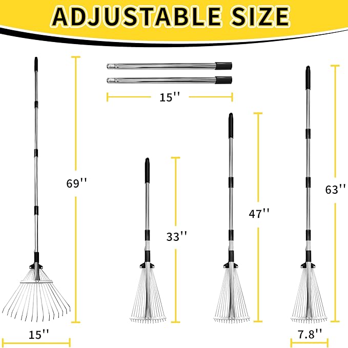 Garden Rake for Leaves,Heavy Duty Metal Adjustable Leaf Rake for Lawns,Long Handle 33-69 with Expandable Head 8-15,Garden Tools for Yard Lawn Shrub Garden Beds