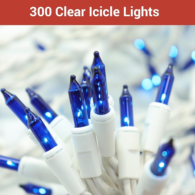 2 Pack New One Icicle Lights - 17.67 FT, 300 Incandescent Blue Drops with White Wire, 3 Connectable Strings, Holiday Party Lights
