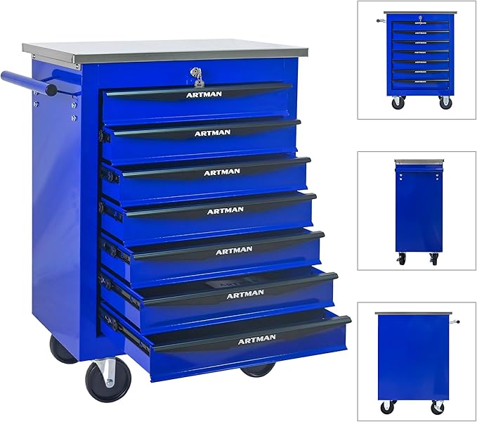 RYH 4/5/6/7 Drawers Rolling Tool Chest -Heavy Duty Mobile Metal Tool Box with Locking Wheels, with Stainless Steel Worktop, Garage Tool Storage Cabinet (Blue, 7-Drawers 30.7 H¡¿22.2 W)