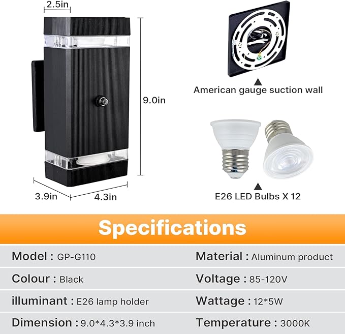 Outdoor Wall Lights 6 Packs, Integrated LED Up Down Lights, Modern Black Outdoor Wall Light with Dusk to Dawn Sensor Aluminum Exterior Wall Light for Porch Patio Door