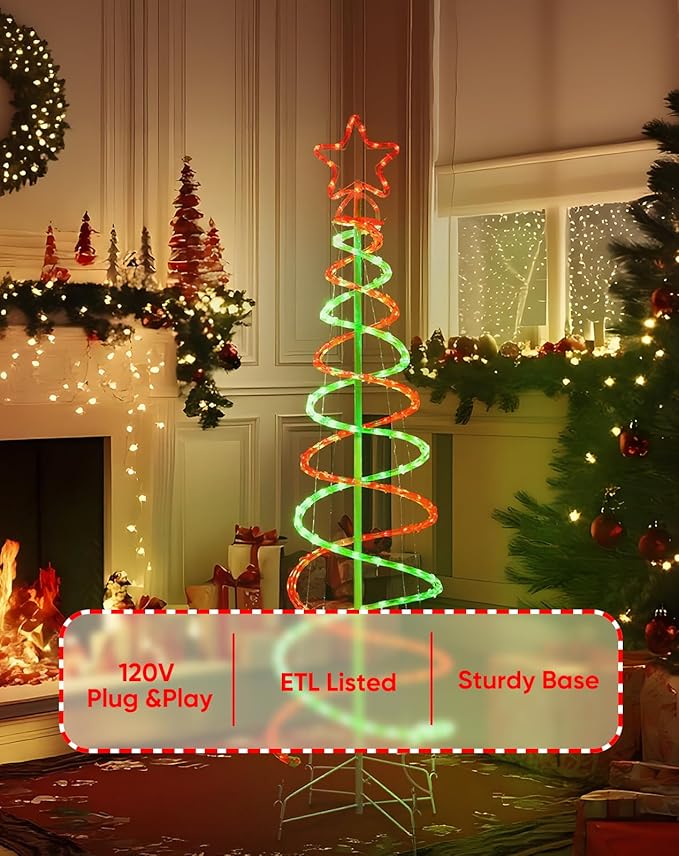 Double Spiral Christmas Tree Light Outdoor, Outdoor Light Up Christmas Tree with 8 Mode Controller, 120V Plug&Play ETL Waterproof for Xmas New Year Yard Garden, Red&Green, 3FT