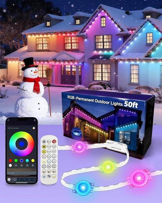oneup 50FT Permanent Outdoor Lights for House, RGB+IC Smart LED Outdoor Light Strip with 16 Million Colors, IP67 Waterproof, App & Voice Control, DIY Scenes for Christmas House Decor