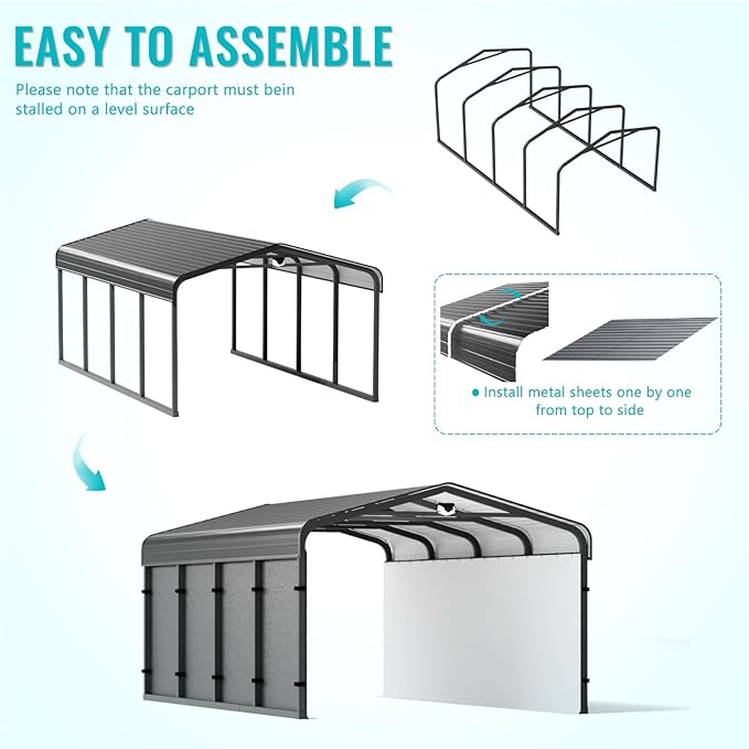 12x20 Metal Carport, Heavy Duty Car Carport Canopy, Galvanized Steel Roof Car Tent Garage, CarPorts with Removable Polyethylene Sidewalls