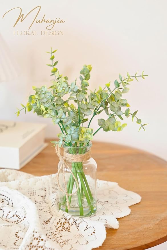 Artificial Eucalyptus Stems in Glass Vase with Faux Water,7Pcs Fake Plant for Centerpiece Bathroom Farmhouse Room Home Decor (Sage Green Eucalyptus)