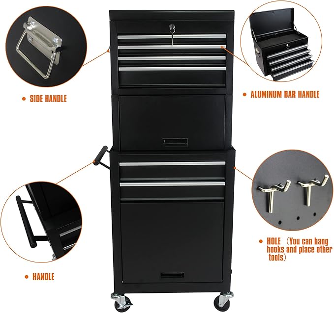 RYH 6 Drawers Rolling Tool Chest & Tool Box on Wheels | Heavy Duty Metal Cart with Ball Bearing Drawers | Fits US General Tool Box for Garage Storage (Black, 6 Drawers 3 in 1/51.99 H ¡¿ 20.87 W)