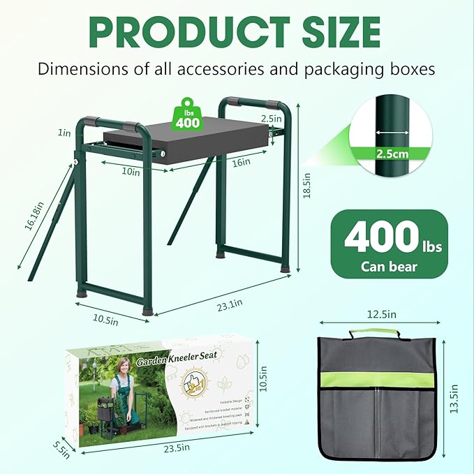 Heavy Duty Garden Kneeler and Seat for Elderly, 400lbs Capacity Foldable Gardening Stool with Support Legs & Thick Pad, Includes Large Tool Organizer Bag, Green