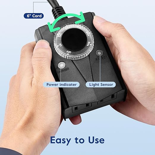 Brightown Outdoor Light Sensor Timer Waterproof, Mechanical Plug in Timer Switch, Outdoor Light Timers for Electrical Outlets, 2 Grounded Electrical Outlets for Christmas String Lights, Lighting Decor