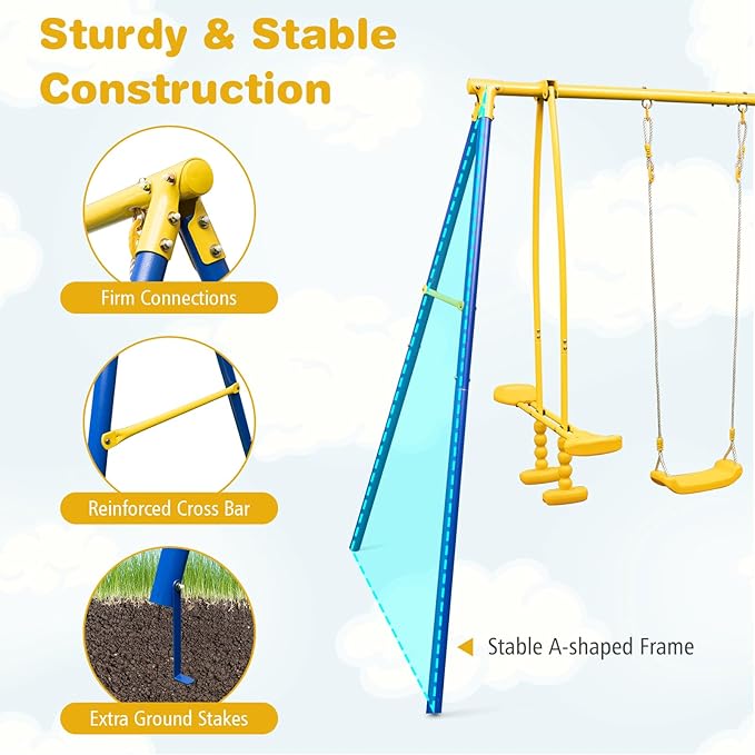 Costzon 440 lbs Swing Set for Backyard, 2-in-1 Heavy Duty Extra Large Metal Swing Frame w/2 Swings, Glider, Adjustable Hanging Ropes, Outdoor Playset Great Gift for Kids