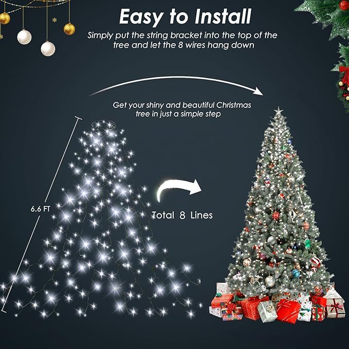 Easy Christmas Tree Lights Indoor Outdoor, 280 LED Christmas String Lights 6.6FT x 8 Lines with 8 Modes & Timer, Waterproof Twinkle Lights Plug in for 6FT Xmas Tree Christmas Decoration (Cool White)