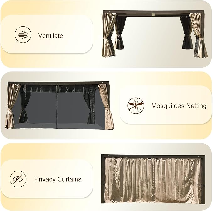 Domi 10x13FT Louvered Pergola, Full Aluminum Pergola with Adjustable Louvered Roof, Outdoor Pergola with Waterproof Curtains and Netting, Dark Brown