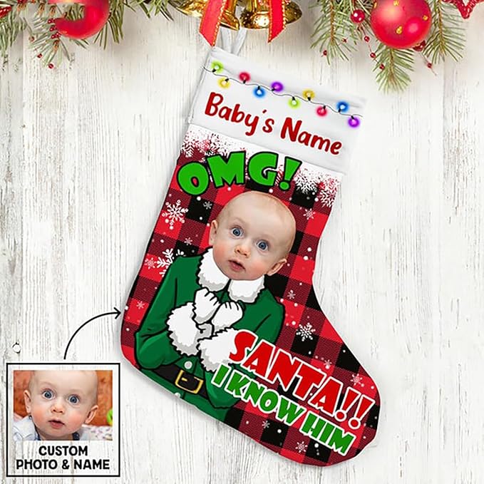 LOVELYPOD Christmas Stockings Personalized with Name, 19" Christmas Stocking Elf Kids Photo Christmas Stocking 2023, Xmas Stocking Holiday Christmas Decoration Gifts for Family Kids