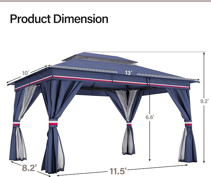 LAUSAINT HOME 10x13ft Outdoor Patio Gazebo with Double Roof, Heavy Duty Waterproof Gazebo Canopy Tent with Mosquito Netting for Backyard, Garden, Lawn & Wedding, Classic Blue