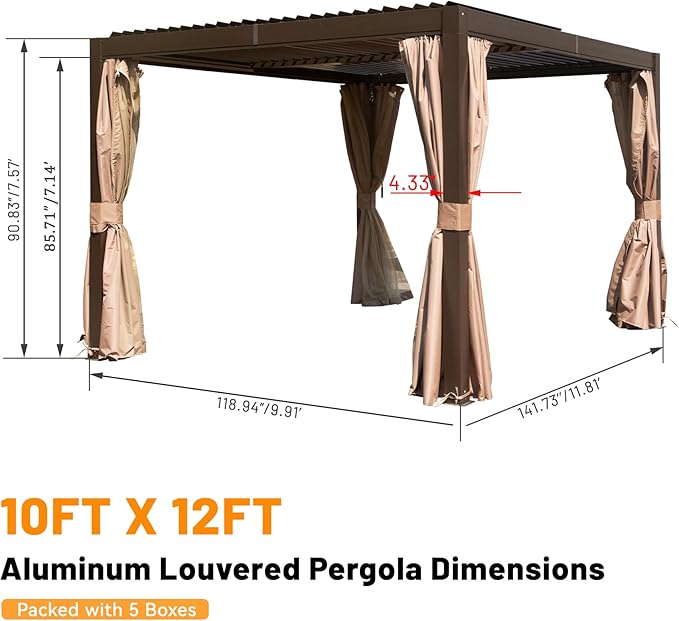 Louvered Pergola 10 x 12 FT, Aluminum Outdoor Pergola with Independent Adjustable Rainproof Top, Built-in Gutter System, Hardtop Patio Metal Pergolas for Deck Garden Backyard -Brown