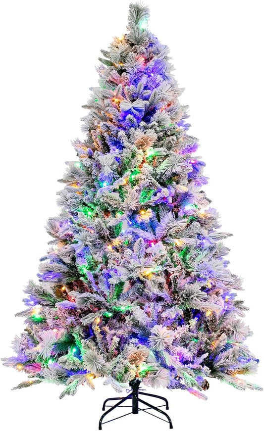 GOFLAME 6 FT Artificial Christmas Tree with Pine Needles, Snow Flocked Xmas Tree with 850 PE & PVC Branch Tips, 240 LED Lights & 34 Pine Cones, Hinged Decoration Tree with 8 Lighting Modes