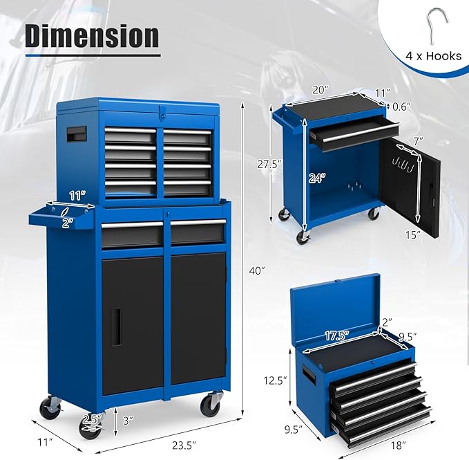 IRONMAX Rolling Tool Chest, 5-Drawer Lockable Tool Cabinet w/Adjustable Shelf & 4 Universal Wheels, 2 in 1 Detachable Tool Box Storage Organizer for Garage Workshop Repair Shop, Blue