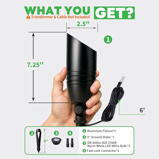 Black LED Outdoor Spotlights, Durable Low Voltage Landscape Lighting, Aluminum Waterproof Uplights for House, Garden, Lawn with 5W MR16 Bulb 2700K 10 Pack
