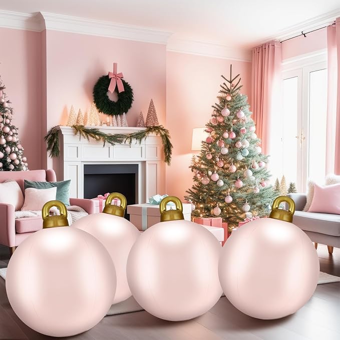 Jetec 8 Pcs Giant Inflatable Christmas Ball Large Xmas Inflatable Ornaments PVC Outdoor Holiday Blow Ball Outside Yard Lawn Porch Decorations (Solid,Light Pink)