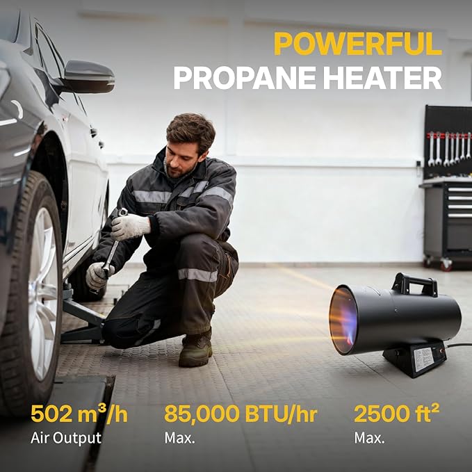 85,000 BTU Portable Forced Air Propane Heater - 10 ft Hose & Regulator Included, Adjustable Torpedo Heater for Garage, Construction Sites, Jobsite, Patio