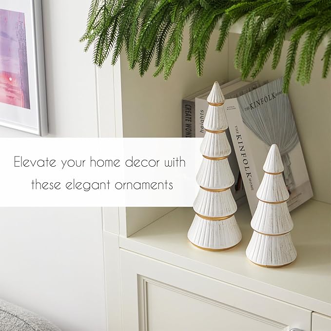 WONDROUS' DECO Christmas Tree Figurine Decor Tabletop White and Gold, Set of 2 Wooden Artificial Xmas Tree Decorations, Vintage Christmas Trees for Tables Centerpiece Home Farmhouse Mantel