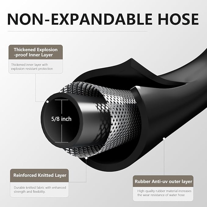 Garden Hose 5/8 x 100ft - Brass Rubber Heavy Duty Water Hose 600 PSI Burst Pressure, Durable Flexible Hose for Yard, Car Wash, Pets Black