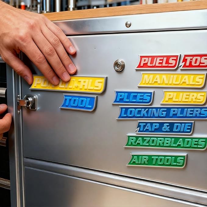 12-Pack Magnetic Tool Box Labels, Tool Organizer Tags for Tool Chest & Tool Cart, Strong Magnet, Reusable 3D Printed PLA Labels for Sockets, Wrenches, Screwdrivers, Garage Organization (Red)
