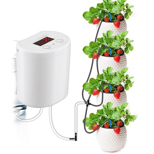 Automatic Plant Watering Irrigation Kit, 3W USB Rechargeable, Waters 4 Pots, Solar Powered Auto Irrigation System for Garden Beds Patio Lawn Plants - Smart Watering, DIY Timer