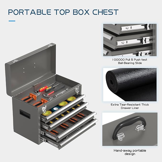 5-Drawers Tool Chest, 2-in-1 Mechanic Rolling Tool Box Removable Lockable Tool Storage Cabinet, Metal Tool Cart with Drawers and Wheels for Garage, Workshop