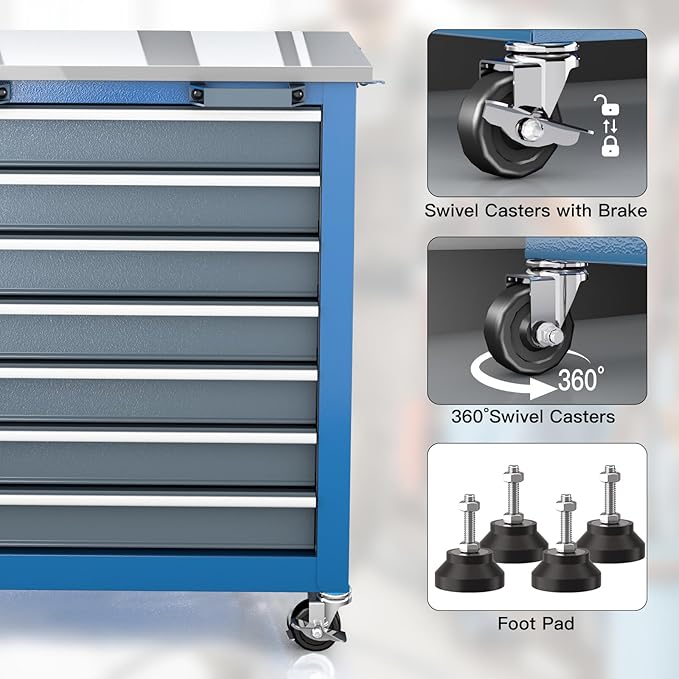 LARBANKE 7-Drawer Rolling Tool Chest with Stainless Steel Countertop,Tool Chest with Secure Locking System,Tool Cabinet with 360¡ÆWheels and Padded Feet,for Home, Garage and Office