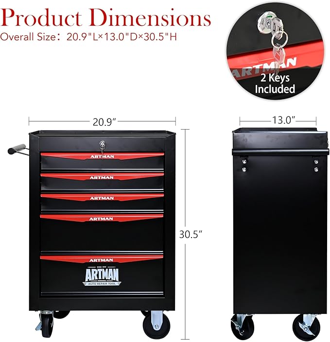 RYH 5 Drawers Rolling Tool Chest - Heavy Duty Mobile Tool Cart with Locking Wheels & Ball Bearing Drawers 30.5 H x 20.9 W x 13 D, Garage Tool Storage Cabinet (Black, 5 Drawers)