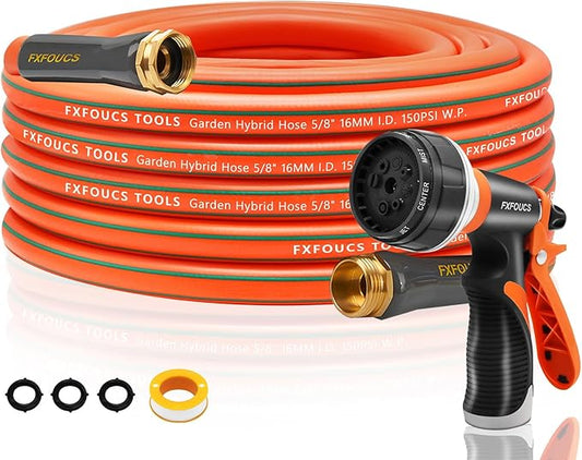 Heavy Duty Garden Hose ? 5/8 Inch Flexible, Lightweight Hybrid Hose with 600 PSI Burst Pressure, Swivel Handle, and Durable Copper Male/Female Fittings (Orange with hose sprayer, 50FT)