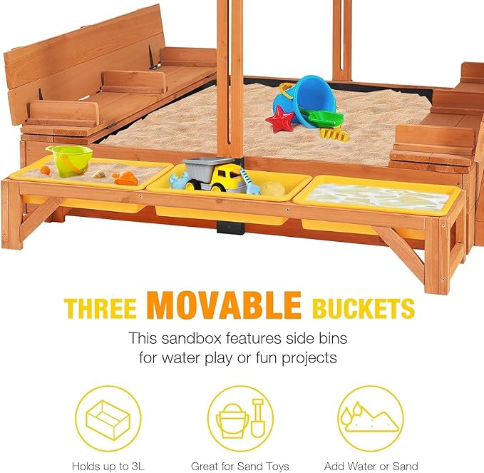 AIVITUVIN Sandbox with Lid, Sand Boxes for Kids Outdoor, 47.2 Inch Sand, UV Resistant & Adjustable Height Roof, Gift for Kids Ages 4-8 (Sandbox + 3 Toy Bins)
