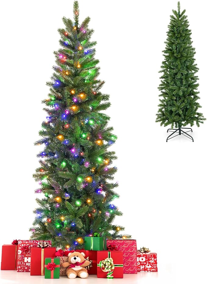 GOFLAME 5ft Pre-lit Pencil Christmas Tree, Artificial Christmas Tree with 180 LED Lights, 10 Light Modes, 390 Branch Tips, Metal Stand, Hinged Xmas Tree for Holiday Festival Decor
