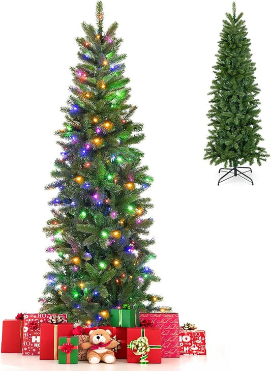 GOFLAME 5ft Pre-lit Pencil Christmas Tree, Artificial Christmas Tree with 180 LED Lights, 10 Light Modes, 390 Branch Tips, Metal Stand, Hinged Xmas Tree for Holiday Festival Decor