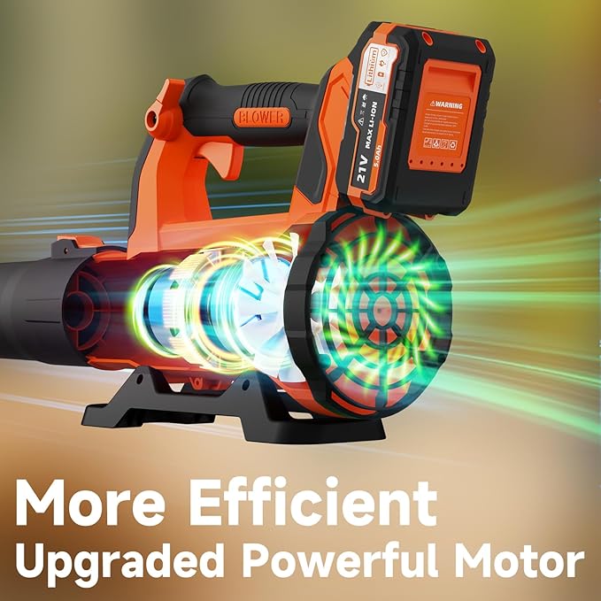 Leaf Blower Cordless with 2¡¿ 5.0Ah Batteries and Charger, 21V Electric, Lightweight Battery Powered Blowers for Lawn Care, Yard, Patio Cleaning, Blowing Leaves & Dust, Organe