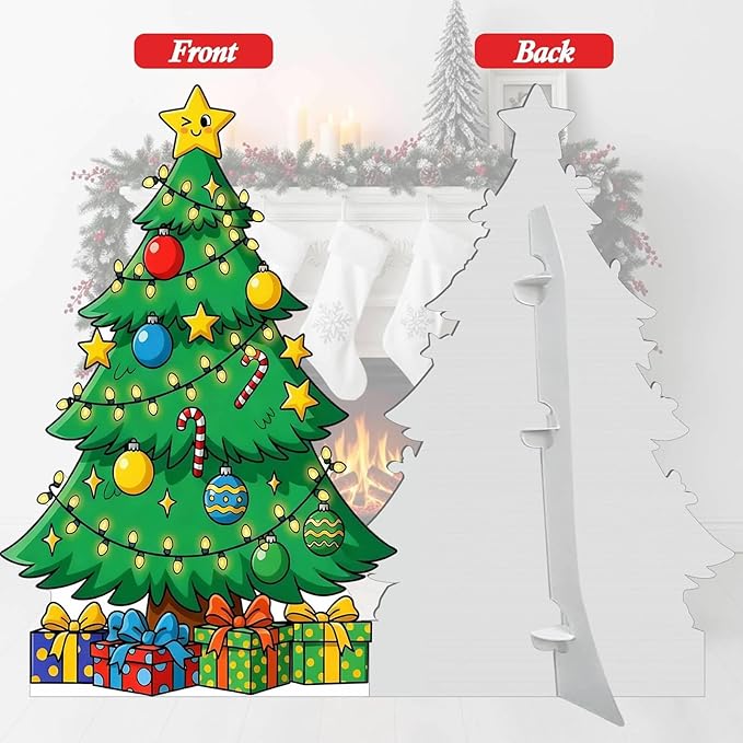 Christmas Tree Cardboard Cutouts, 4mm Corrugated Plastic Standee Decorations, Indoor Outdoor Xmas Yard & Party Décor, Photo Booth Prop, 1FT, Style 2
