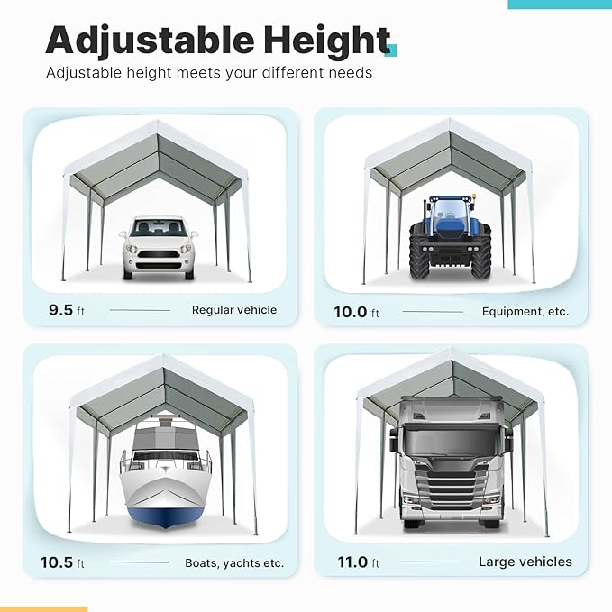 ADVANCE OUTDOOR 10x20 ft Heavy Duty Carport Potable Car Canopy Garage Party Tent Boat Shelter, Adjustable Height, with Leg Cloth, White