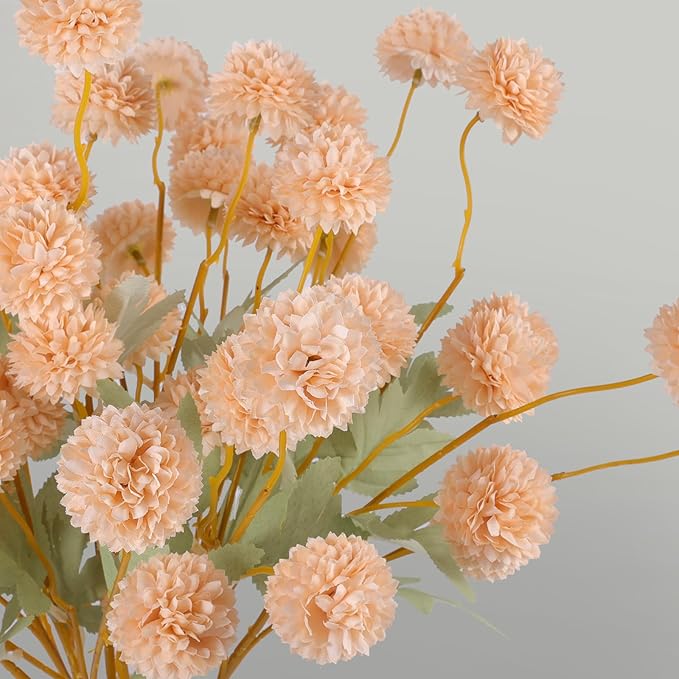 Hananona 12 Pcs Artificial Chrysanthemum Flowers, Beige Kiku Pom Pom Mums Flower Fall Faux Floral Arrangements Centerpiece for Autumn Home Kitchen Decor (12, Beige)