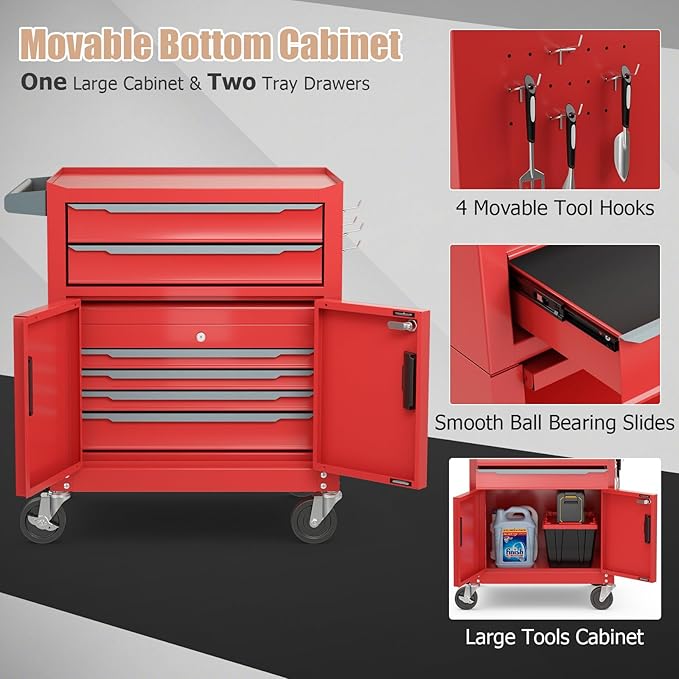 ERGOMASTER Large Rolling Tool-Chest with 6 Drawers Heavy Duty Tool-Box on Wheels Lockable and Lock System Cabinet for Garage Workshop(28 x 13 x 53''-Red)