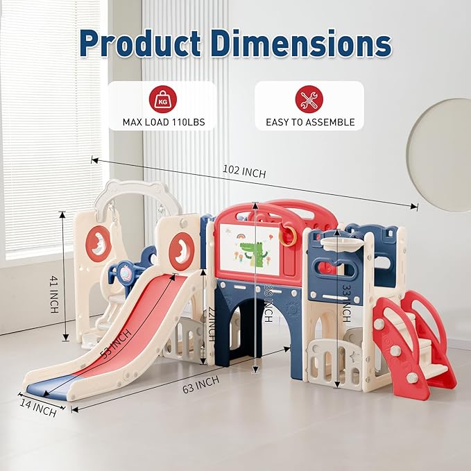 12 in 1 Outdoor Toddler Playsets with Slide Toddlers Playground and Swing Set Indoor Climber Tunnel Playset Play Equipment with Basketball Hoop for Backyard