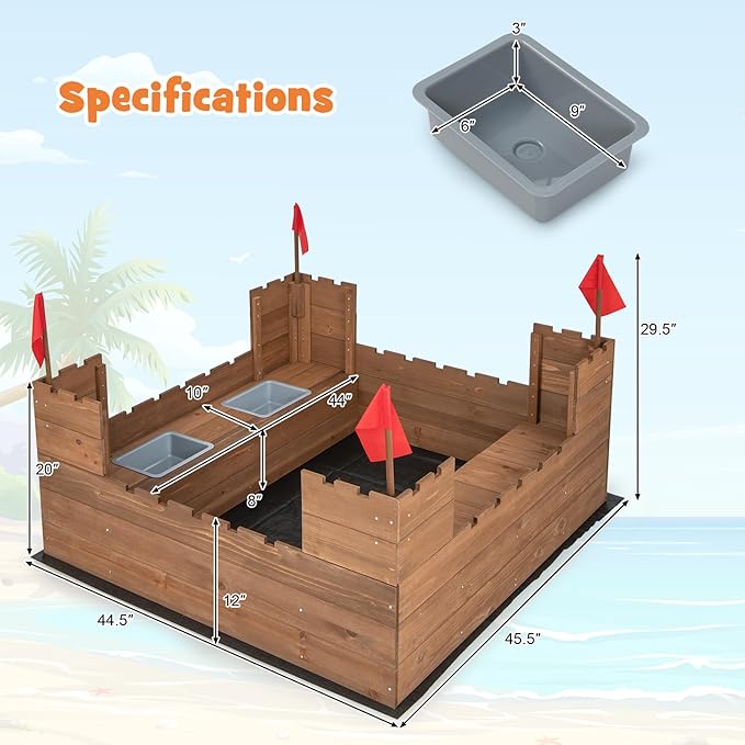 Costzon Kids Sandbox, Cedar Wood 45 x 45 Sand Pit w/Built-in Bench Seats, Storage Boxes, Flags & Protective Bottom Liner, Outdoor Sand Box for Kids Age 3+ for Backyard Garden Beach