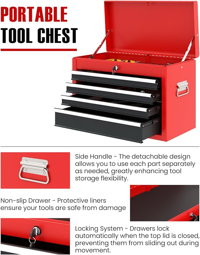 ARNOT 2-in-1 Rolling Tool Chest with 5 Drawers, Heavy-Duty Metal Tool Box with Wheels, Detachable Top Tool Box & Rolling Tool Cabinet for Garage, DIY (6-Drawers Whith Middle Box, Red+Black)