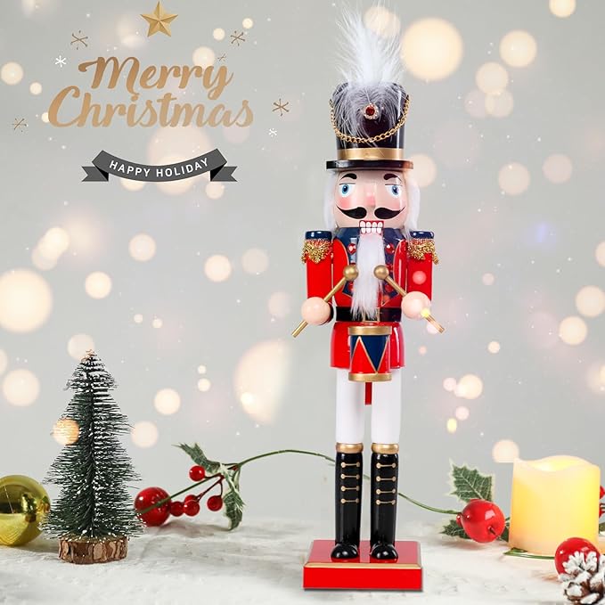 Christmas Nutcracker Decorations Nutcracker Figure 15 Inch Wooden Nutcrackers Collectible Ornament Nutcrackers Soldier for Table Desktop Home Christmas Decor Xmas Indoor Decor red Blue Beat a Drum
