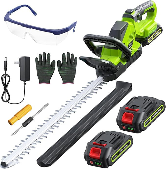 20'' Hedge Trimmer Cordless with Battery, 3000RPM Electric Handheld Bush Clipper with 2pcs 2000mAh Rechargeable Batteries, 180¡Æ Rotatable Head, 2/3'' Blade Gap Green