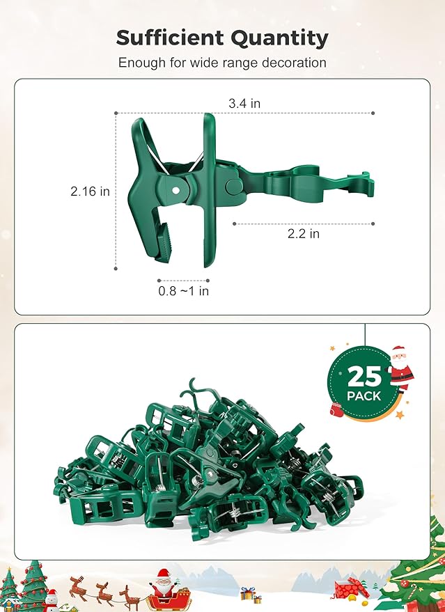 C7 C9 Christmas Lights Spring Clips, 25 Count Holiday Lights Quick Spring Clips, Shatterproof Shingle and Gutter Clips for E12, E17Socket, Rope Lights Roofline Fence Railing Mantel Christmas Trees